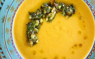Parsnip, Carrot and Ginger Soup with Pistachio Pesto
